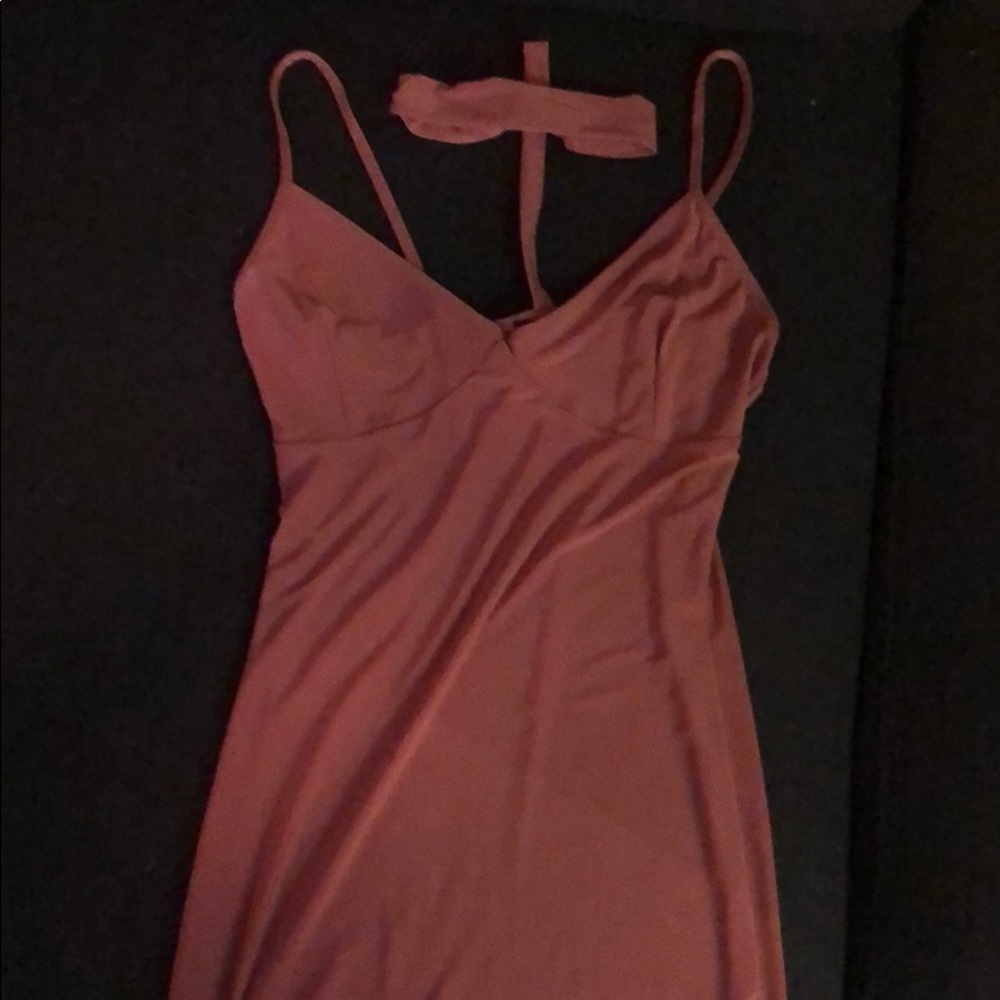 pink long going out dress with attached choker